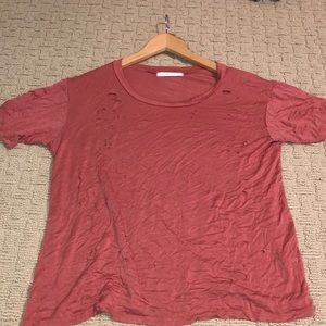 orangey red short sleeve distressed top